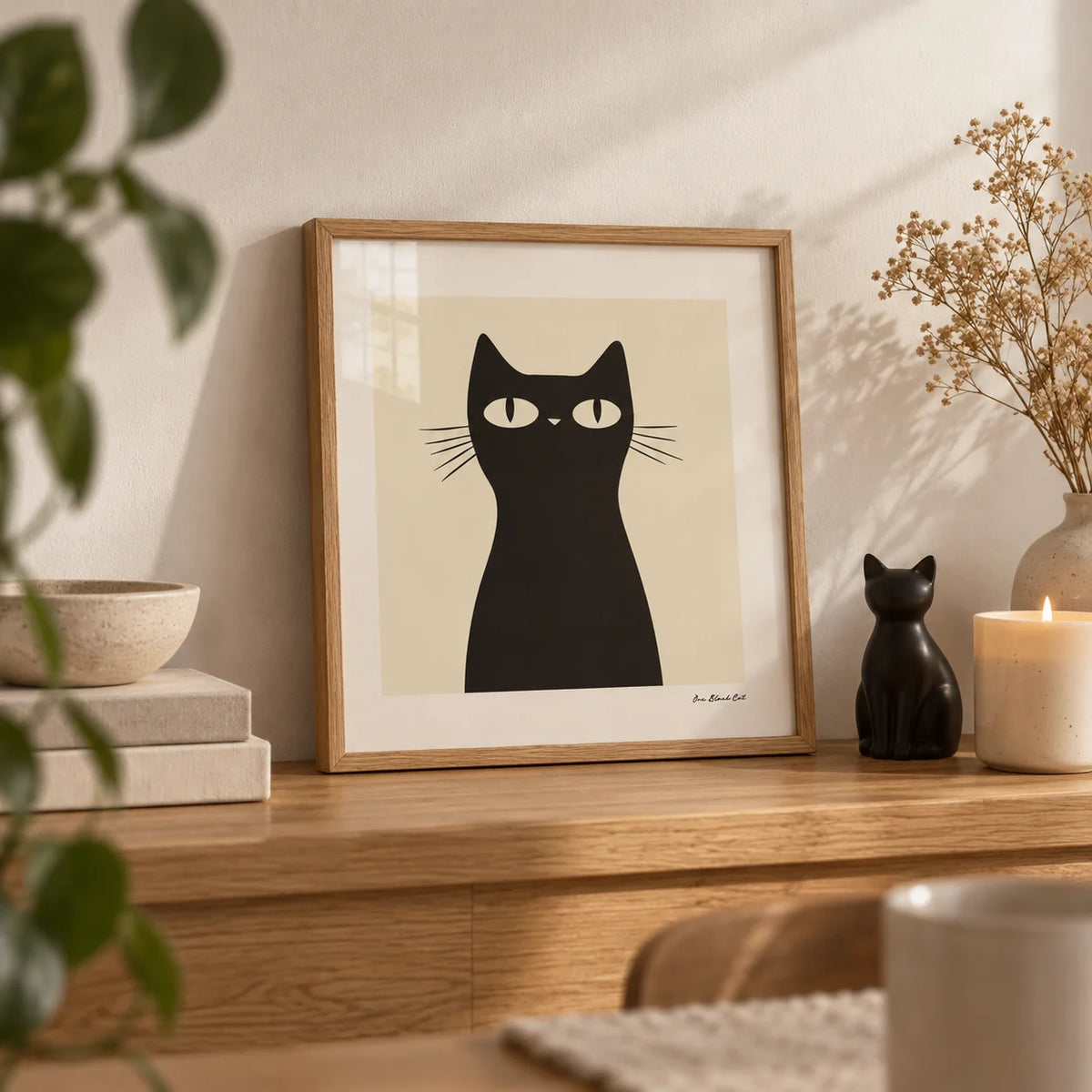 Simple Black Cat Art, a small A4 framed print leaning on an oak shelf in a living room