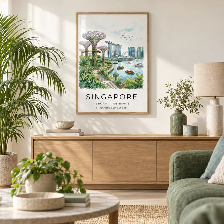 Singapore City Landscape Art, framed on the wall of a bright modern living room with a warm white wall