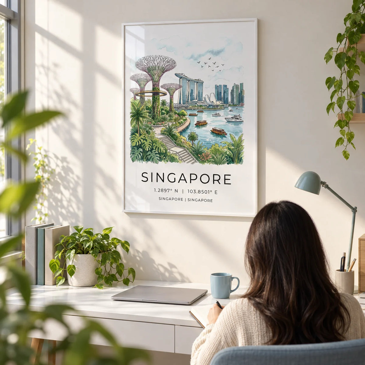 Singapore City Landscape Art, framed on the wall of a calm home office