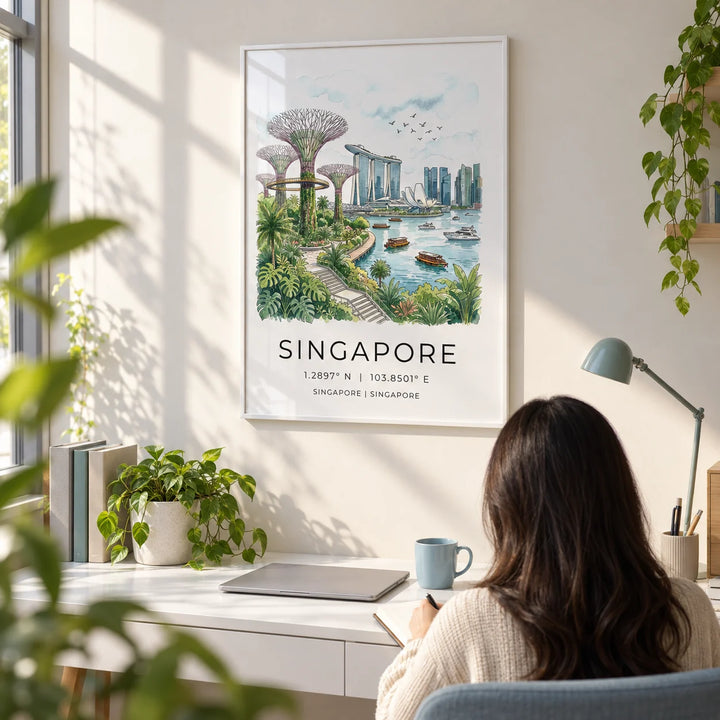 Singapore City Landscape Art, framed on the wall of a calm home office
