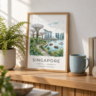 Singapore City Landscape Art, a small A4 framed print leaning on an oak shelf in a living room
