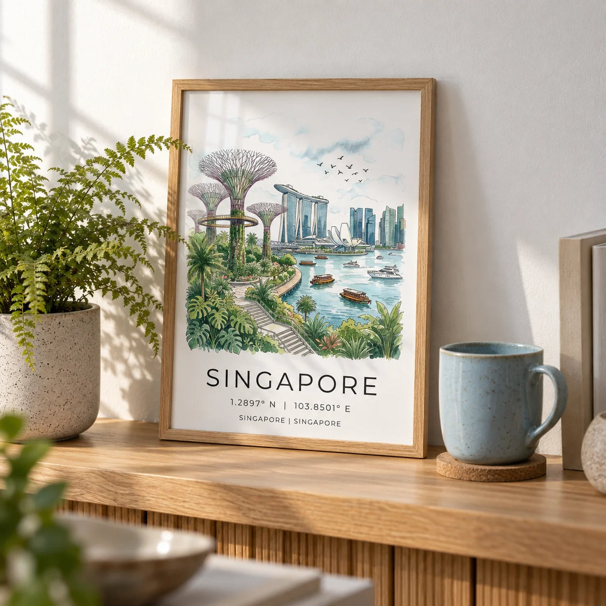 Singapore City Landscape Art, a small A4 framed print leaning on an oak shelf in a living room