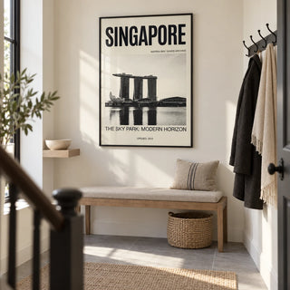 Singapore Modern Architecture Art Print, framed on the wall of a bright entrance hallway in a renovated UK maisonette with a warm white wall and large plain grey floor tiles