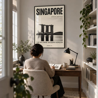 Singapore Modern Architecture Art Print, framed on the wall of a compact study in a UK flat with a pale grey wall and built-in ivory shelving