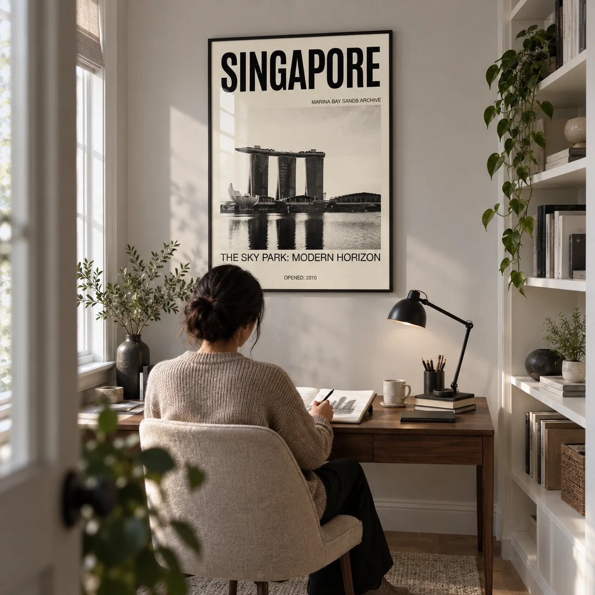 Singapore Modern Architecture Art Print, framed on the wall of a compact study in a UK flat with a pale grey wall and built-in ivory shelving