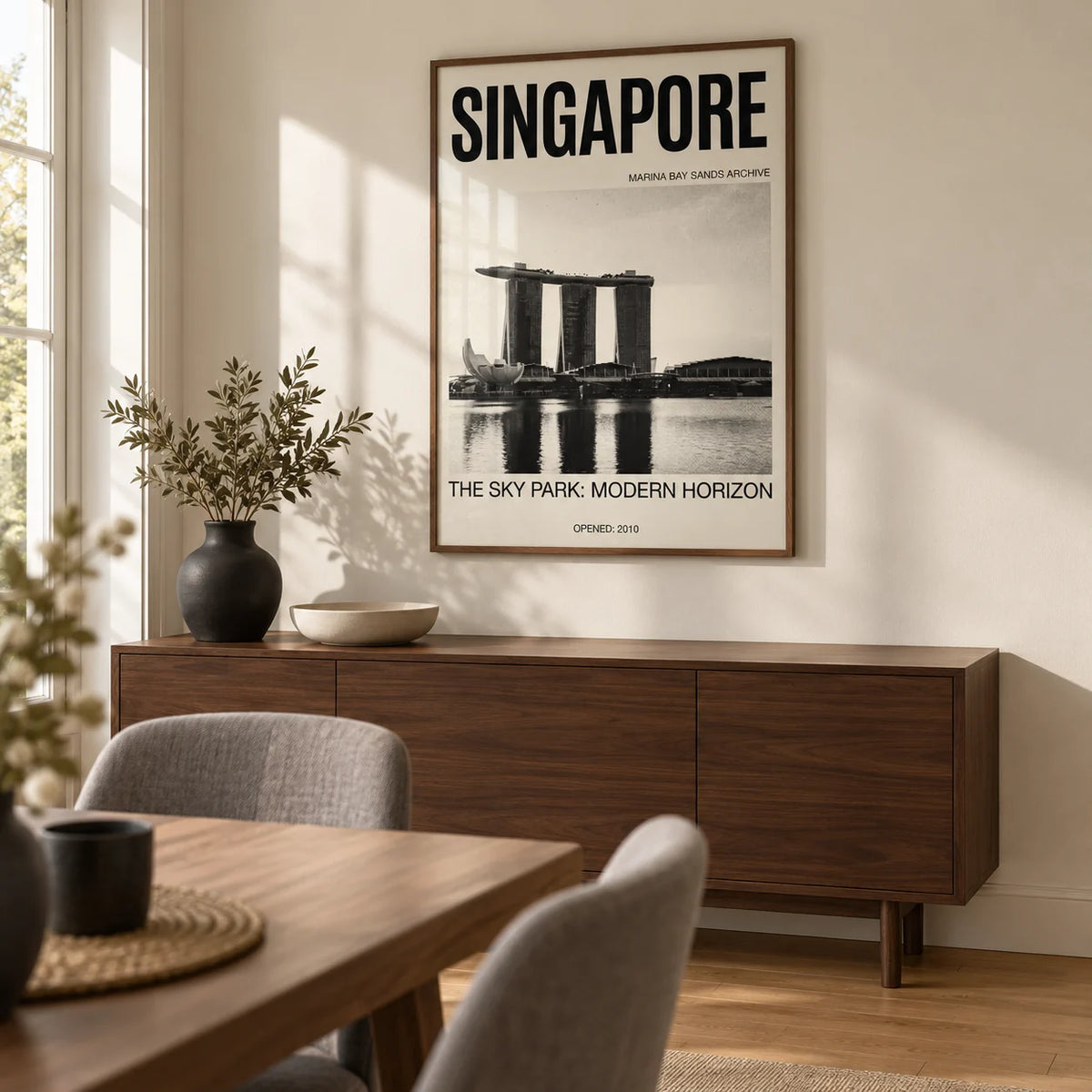 Singapore Modern Architecture Art Print, framed on the wall of a modern dining room in a UK townhouse with an ivory wall and plain oak floor