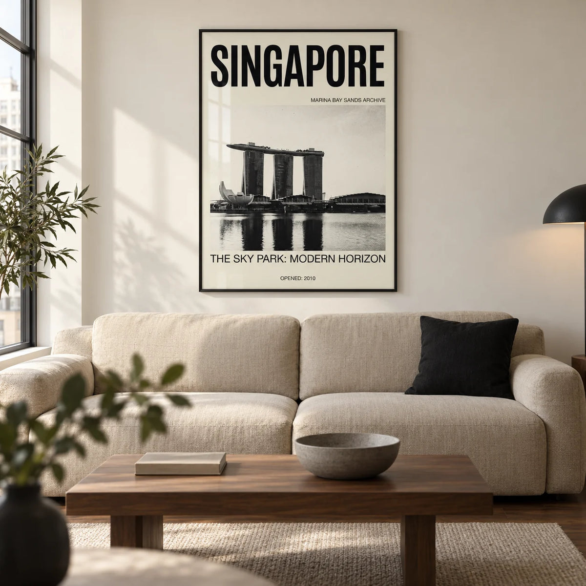 Singapore Modern Architecture Art Print, framed on the wall of a modern living room in a UK city flat with an ivory wall and walnut floor