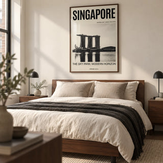 Singapore Modern Architecture Art Print, framed on the wall of a modern main bedroom in a UK city flat with an ivory wall