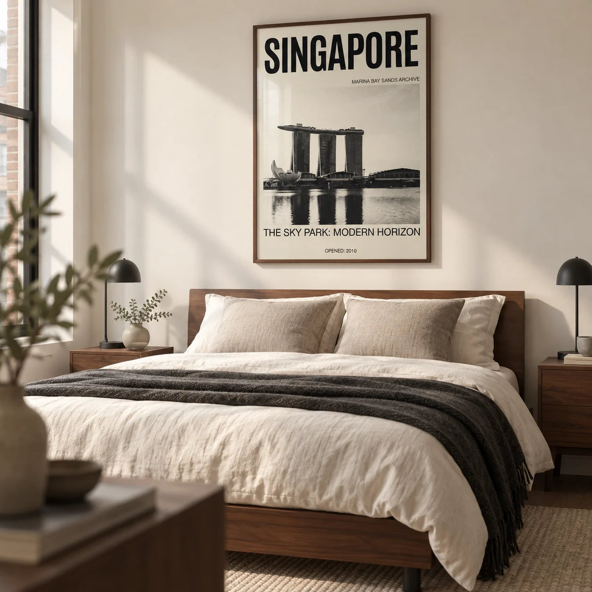 Singapore Modern Architecture Art Print, framed on the wall of a modern main bedroom in a UK city flat with an ivory wall