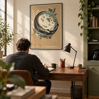 Single Seater Race Car Wall Art, framed on the wall of a compact home study for an adult racing enthusiast