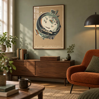 Single Seater Race Car Wall Art, framed on the wall of a grown-up games snug in a UK terraced house in a living room