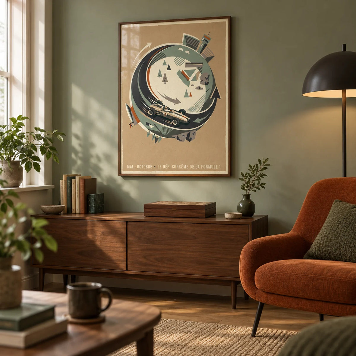 Single Seater Race Car Wall Art, framed on the wall of a grown-up games snug in a UK terraced house in a living room