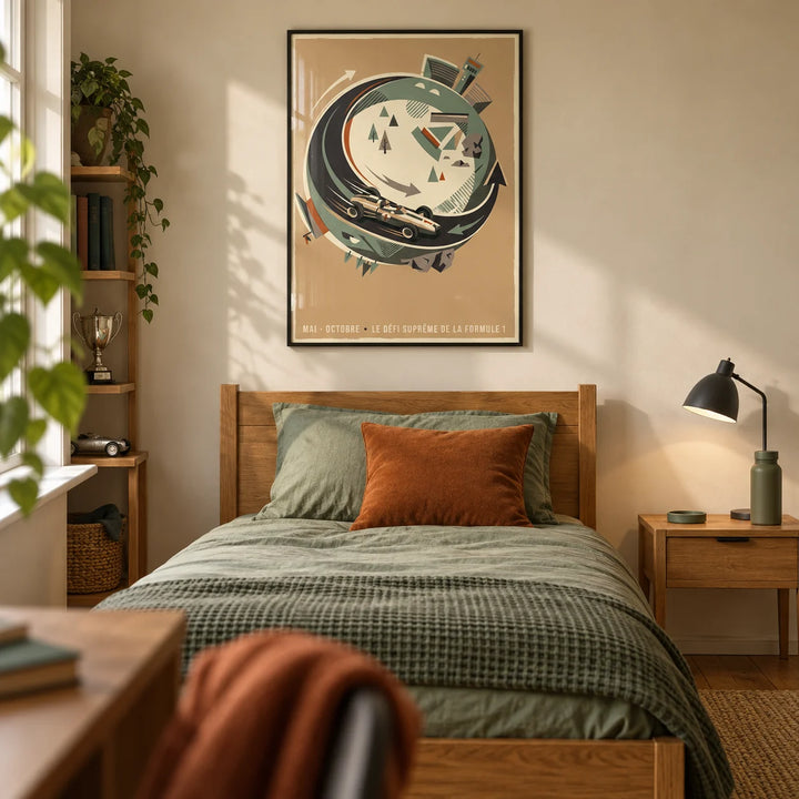 Single Seater Race Car Wall Art, framed on the wall of a retro-inspired single bedroom for a motorsport-loving teenager (13-17) in a UK family home