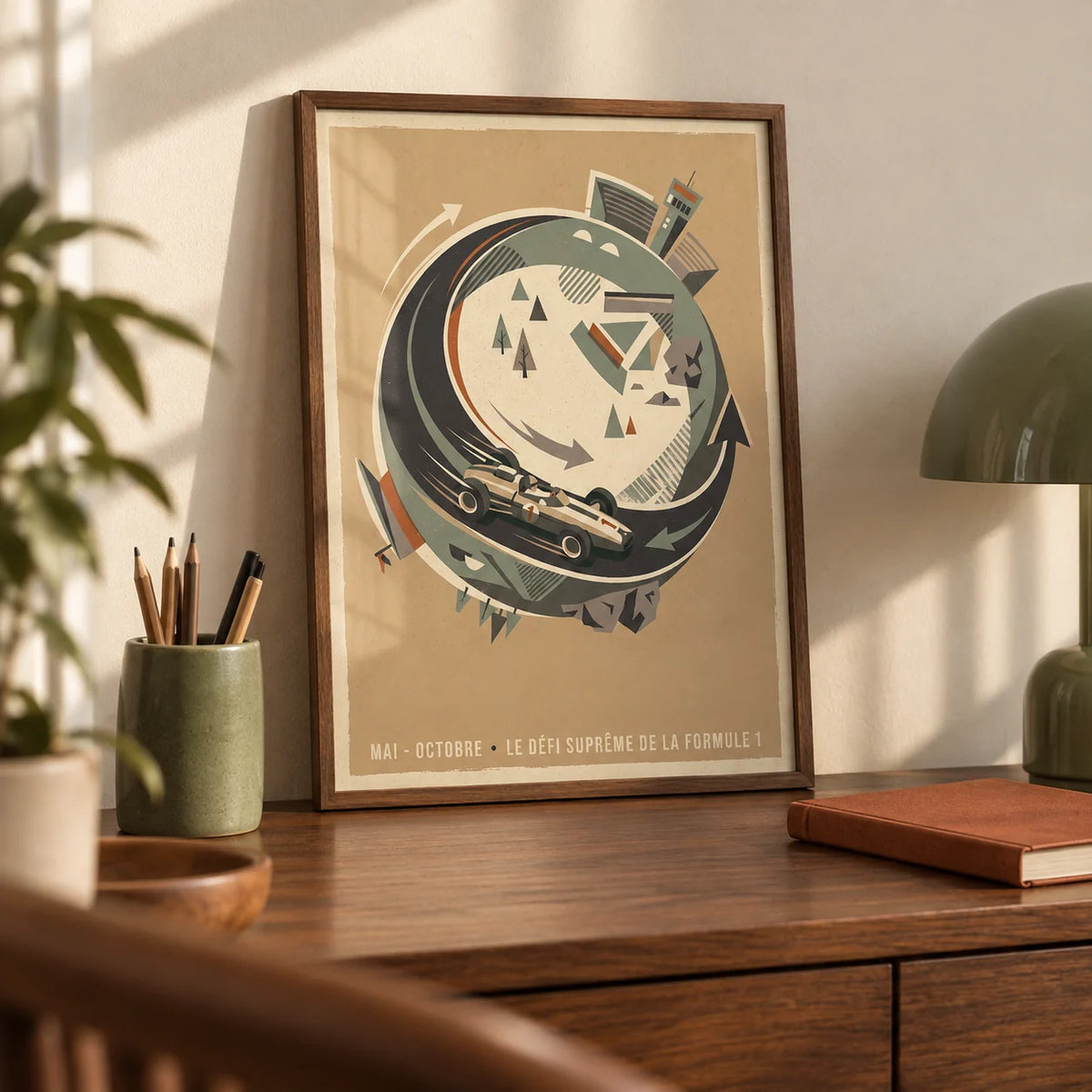 Single Seater Race Car Wall Art, a small A4 framed print leaning on a walnut desk