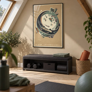 Single Seater Race Car Wall Art, framed on the wall of a tidy home exercise room in a converted UK loft