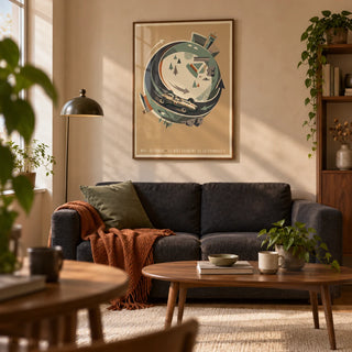 Single Seater Race Car Wall Art, framed on the wall of a warm modern living room in a young adult's first UK flat (22-28)