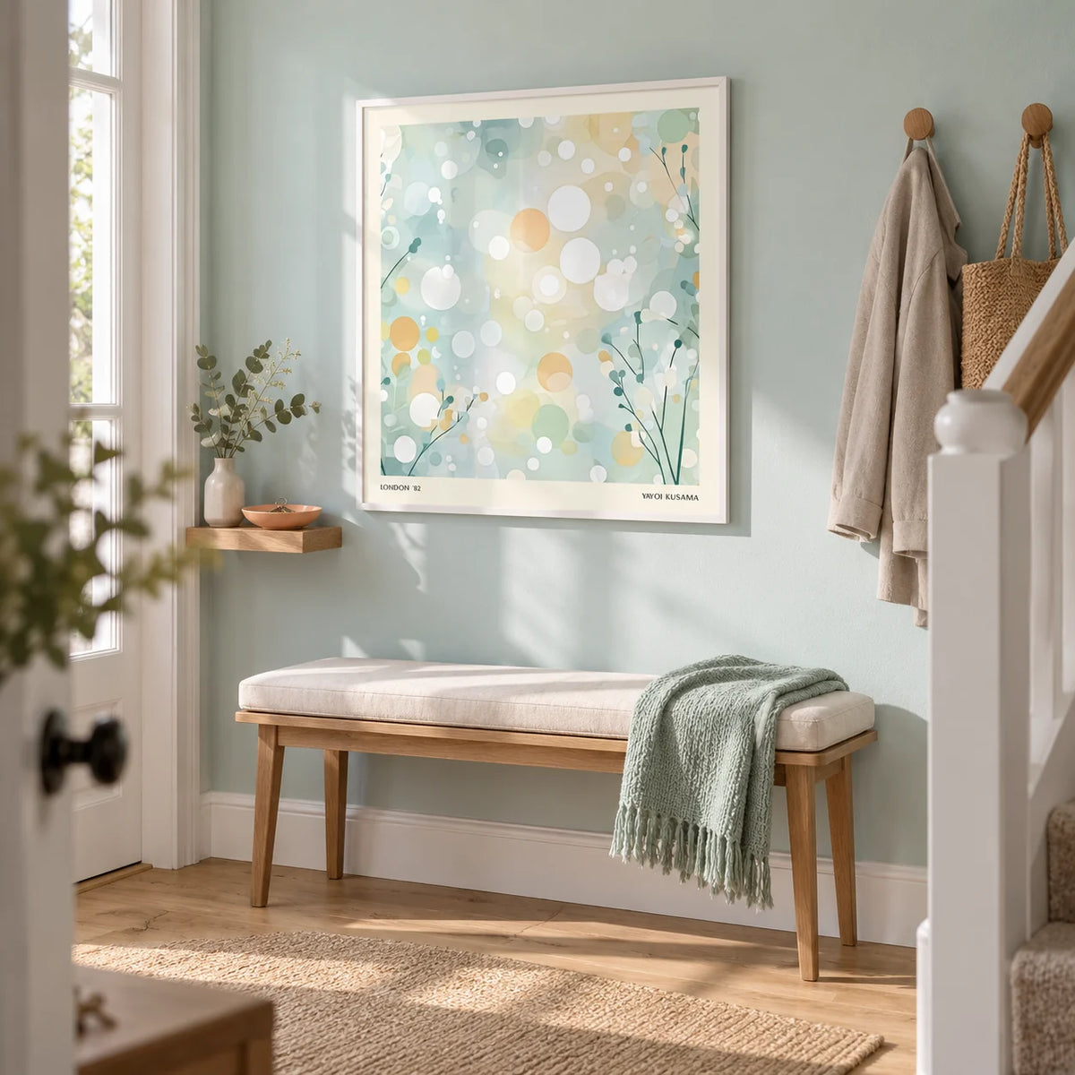 Sitting Room Wall Art, framed on the wall of a bright entrance hallway in a compact UK townhouse with a pale aqua wall and natural oak floor