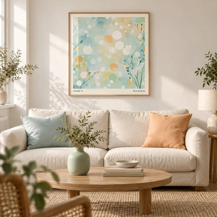 Sitting Room Wall Art, framed on the wall of a calm contemporary sitting room in a UK terraced home with a warm white wall and pale oak floor in a living room