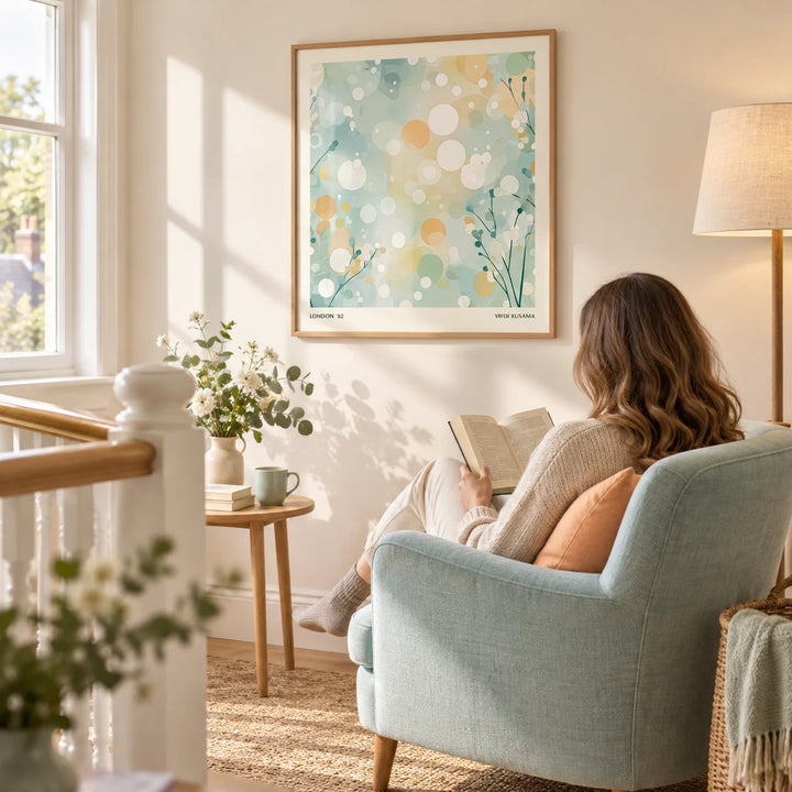 Sitting Room Wall Art, framed on the wall of a light-filled reading corner on a generous landing in a renovated UK semi with a cream wall in a living room