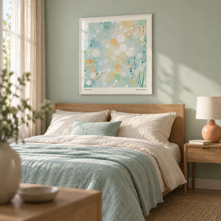 Sitting Room Wall Art, framed on the wall of a peaceful adult bedroom with a soft mint painted wall and natural linen curtains