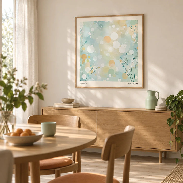 Sitting Room Wall Art, framed on the wall of a relaxed modern dining room in a first home for a couple aged 25-35 with an ivory wall and pale timber floor