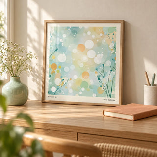 Sitting Room Wall Art, a small A4 framed print leaning on a pale oak writing desk