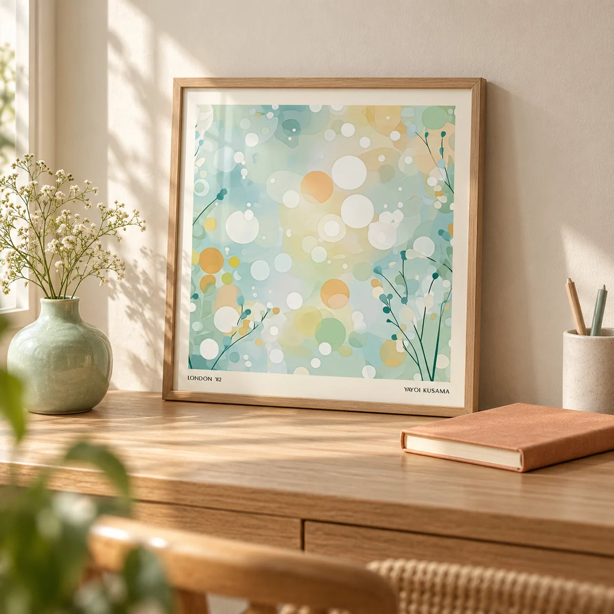 Sitting Room Wall Art, a small A4 framed print leaning on a pale oak writing desk