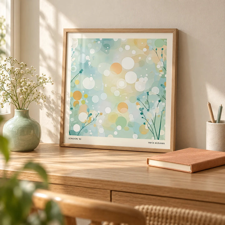 Sitting Room Wall Art, a small A4 framed print leaning on a pale oak writing desk