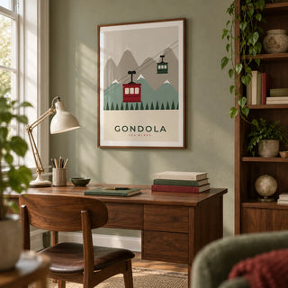 Ski Wall Art, framed on the wall of a characterful home study with a muted sage wall and walnut shelving