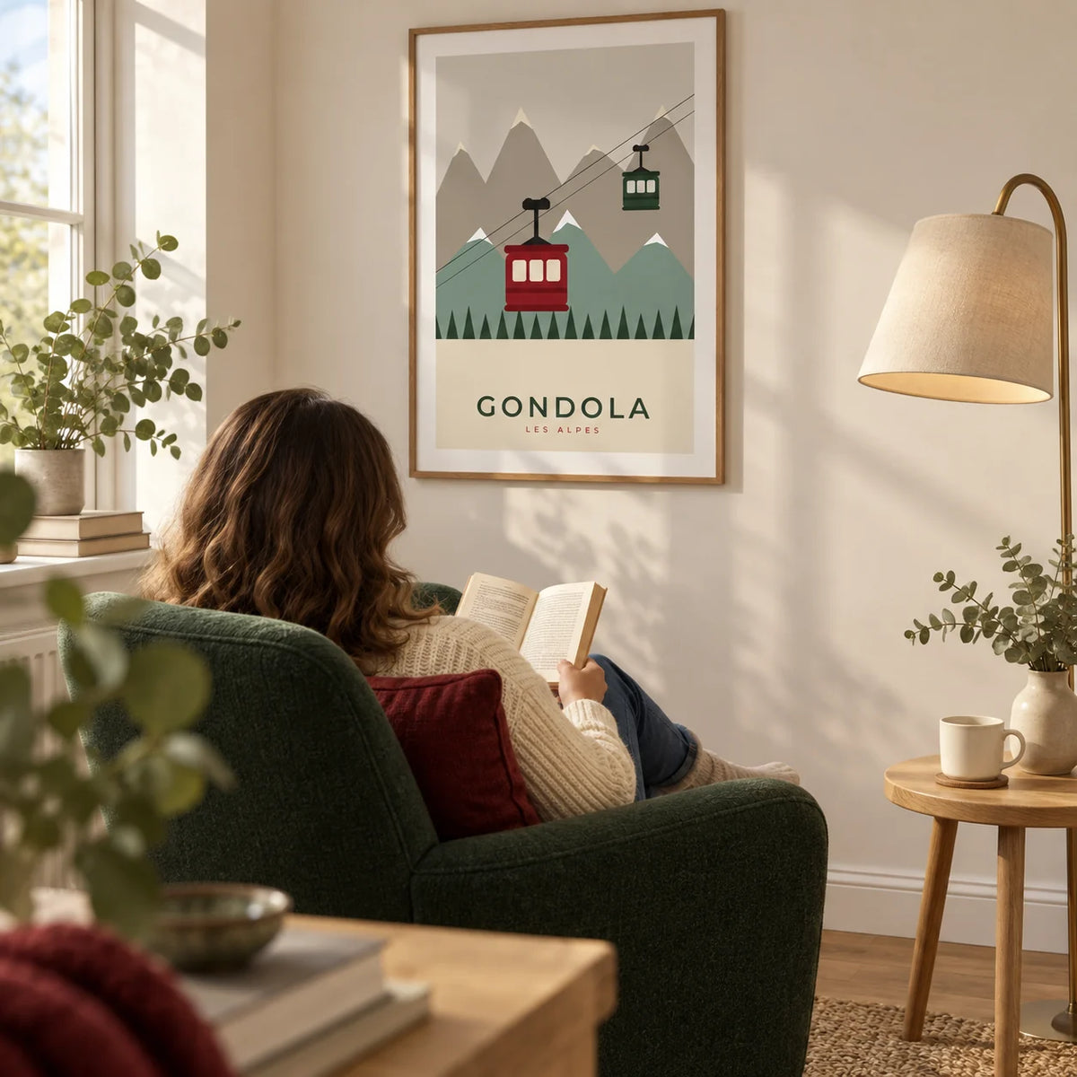 Ski Wall Art, framed on the wall of a cosy reading corner in a UK first home with an ivory wall and oak floor in a living room