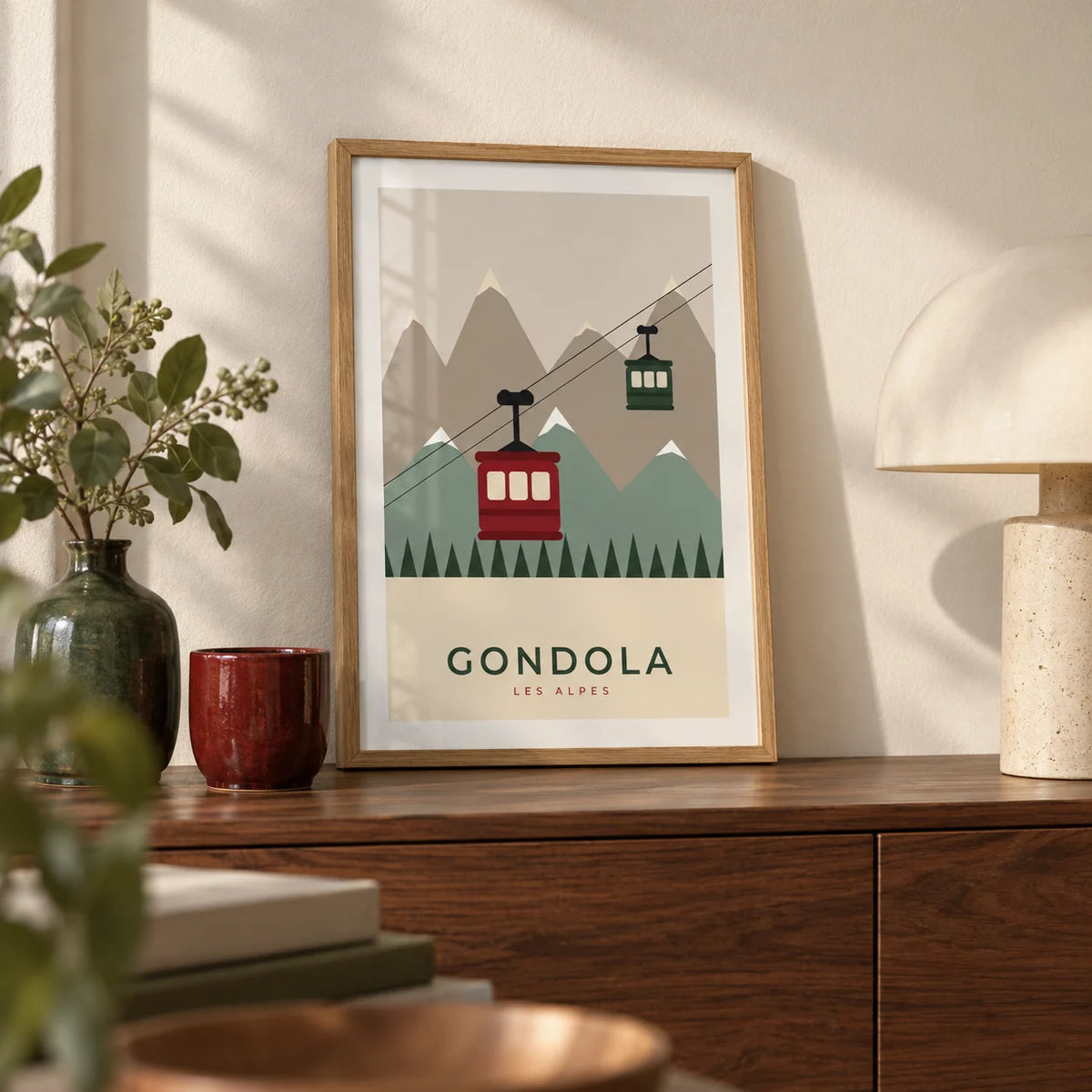 Ski Wall Art, a small A4 framed print leaning on a walnut sideboard in a living room