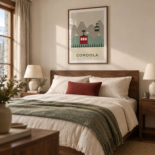 Ski Wall Art, framed on the wall of a warm Alpine-inspired bedroom in a UK home with a cream wall and walnut furniture