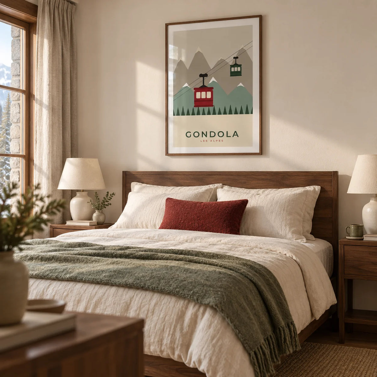 Ski Wall Art, framed on the wall of a warm Alpine-inspired bedroom in a UK home with a cream wall and walnut furniture