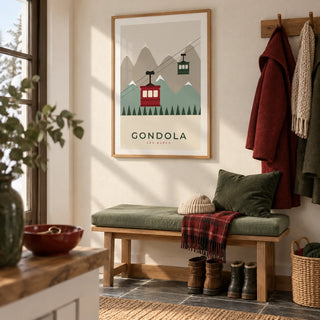 Ski Wall Art, framed on the wall of a welcoming hallway in a ski-loving couple's UK home with a warm white wall and slate floor