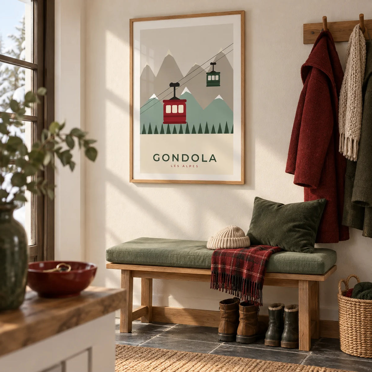 Ski Wall Art, framed on the wall of a welcoming hallway in a ski-loving couple's UK home with a warm white wall and slate floor