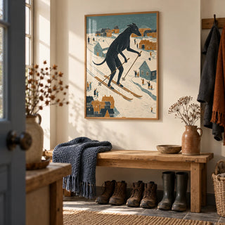 Skiing Dog Art Print, framed on the wall of a boot room hallway with a cream wall