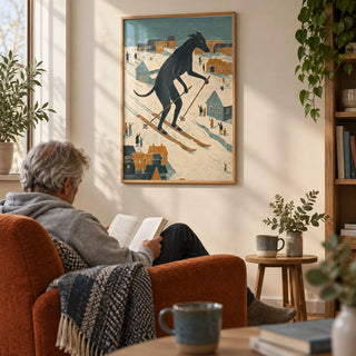 Skiing Dog Art Print, framed on the wall of a cosy living room corner with a cream wall