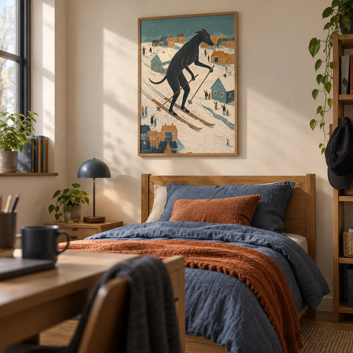 Skiing Dog Art Print, framed on the wall of a cosy single bedroom for a teenage boy (13-17) with a cream wall