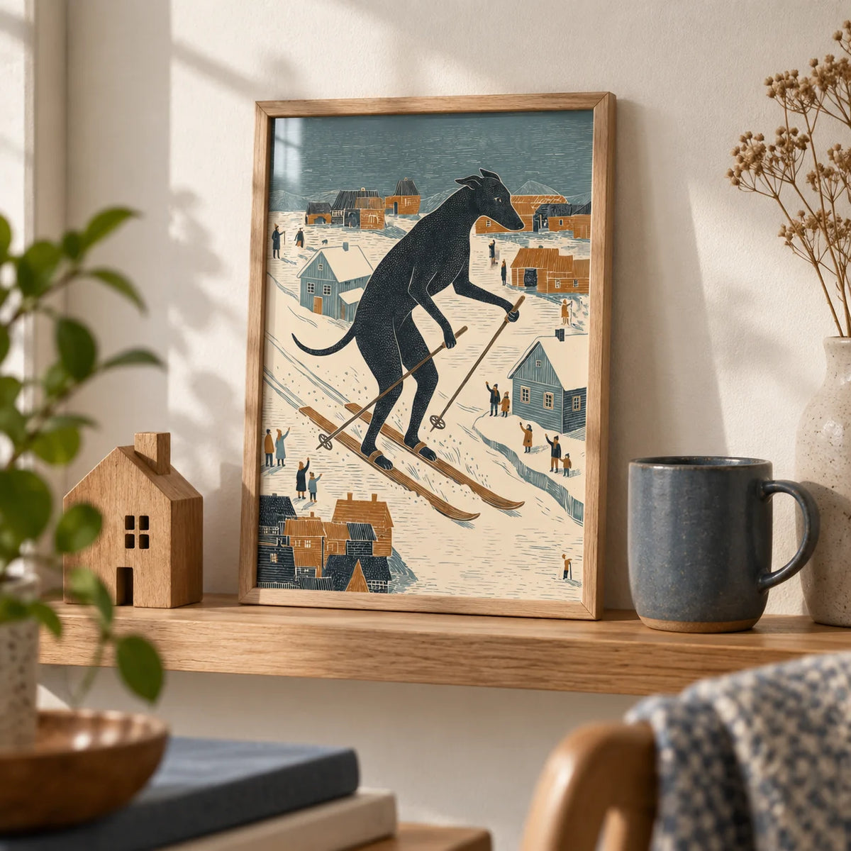Skiing Dog Art Print, a small A4 framed print leaning on an oak shelf in a living room