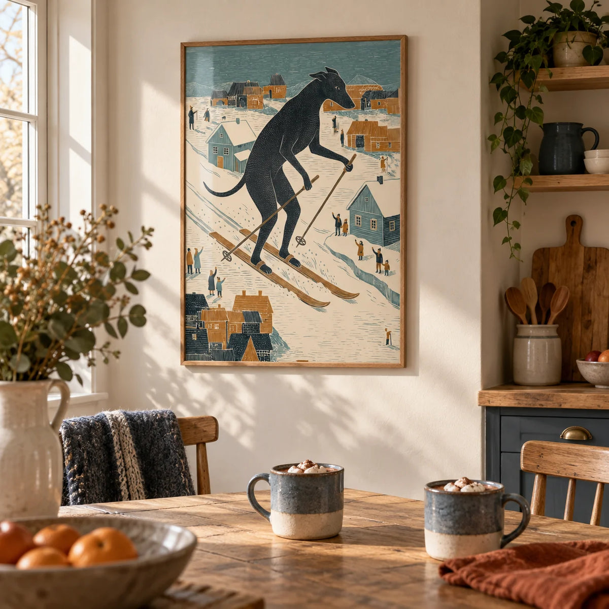 Skiing Dog Art Print, framed on the wall of a warm country kitchen with a cream wall