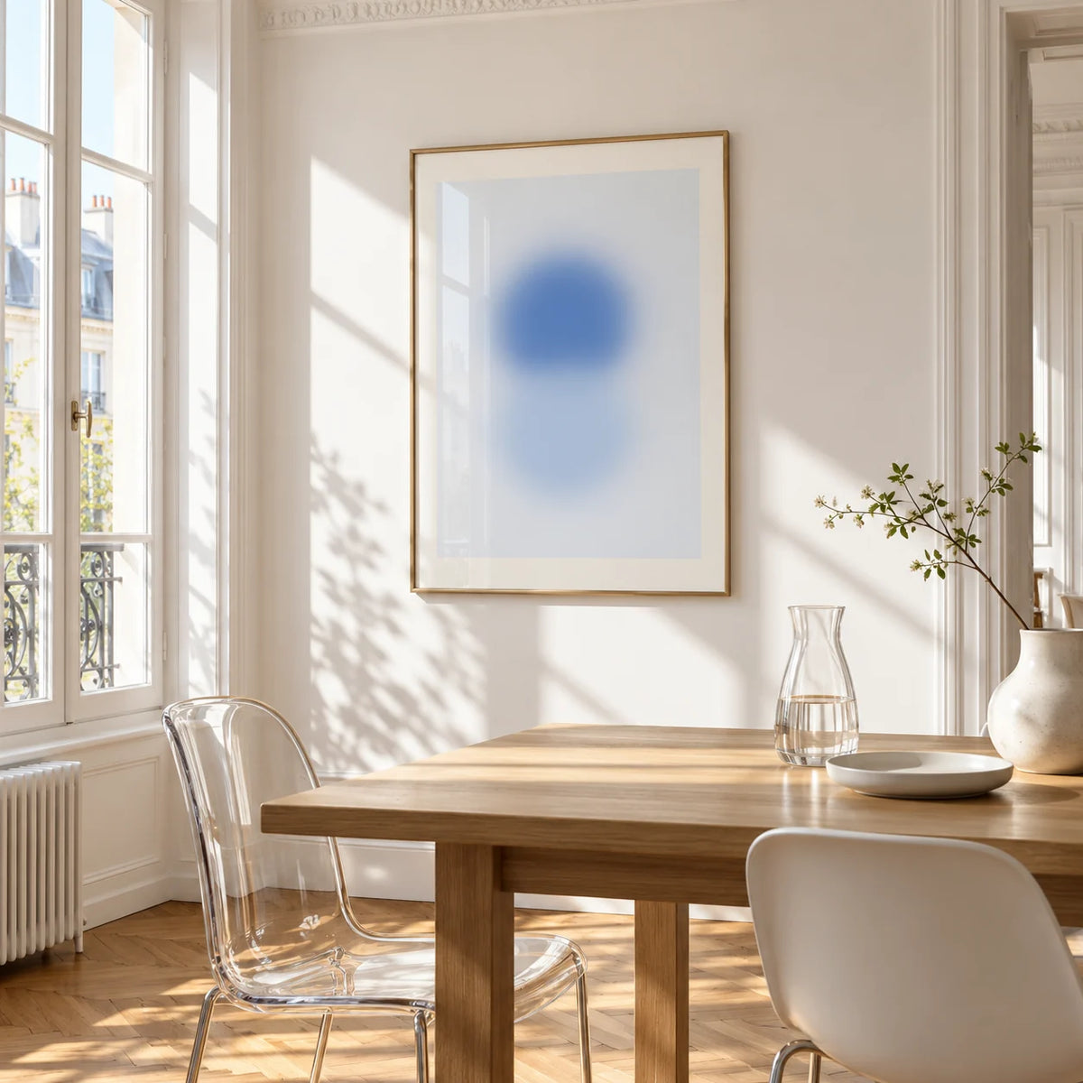 Sky Blue Print, framed on the wall of a bright dining corner