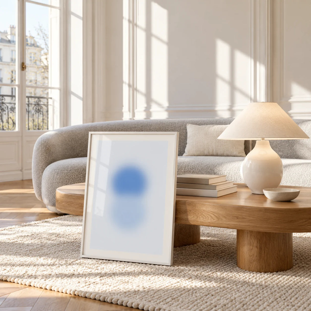 Sky Blue Print, framed and leaning against a coffee table in a bright living room