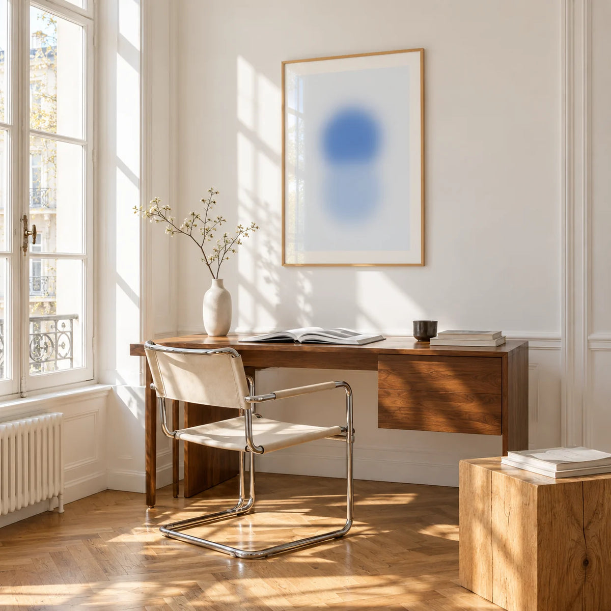 Sky Blue Print, framed on the wall of a bright study corner with a tall white paned window