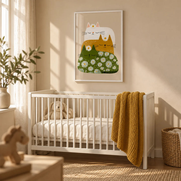 Sleeping Cats Art Print, framed on the wall of a calm nursery with a warm beige wall