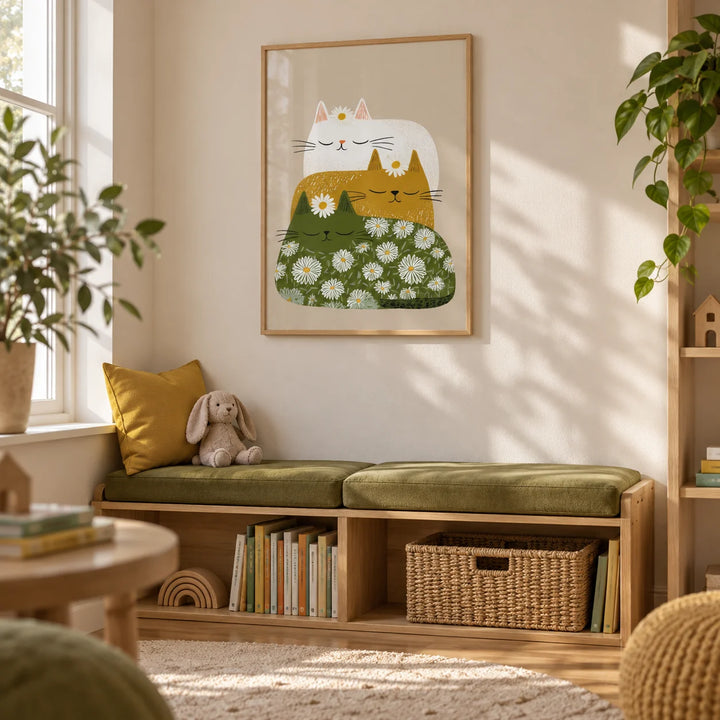 Sleeping Cats Art Print, framed on the wall of a children's reading nook