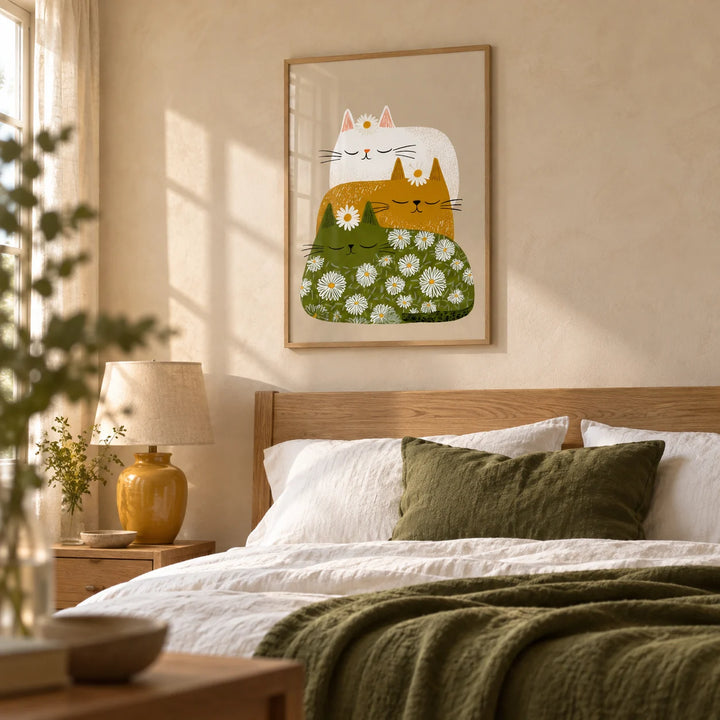 Sleeping Cats Art Print, framed on the wall of a cosy bedroom with a warm beige limewashed wall