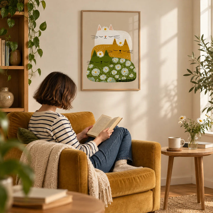 Sleeping Cats Art Print, framed on the wall of a cosy living room corner with a warm white wall