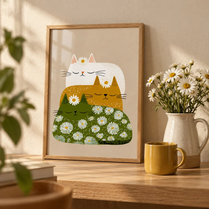 Sleeping Cats Art Print, a small A4 framed print leaning on an oak shelf in a living room