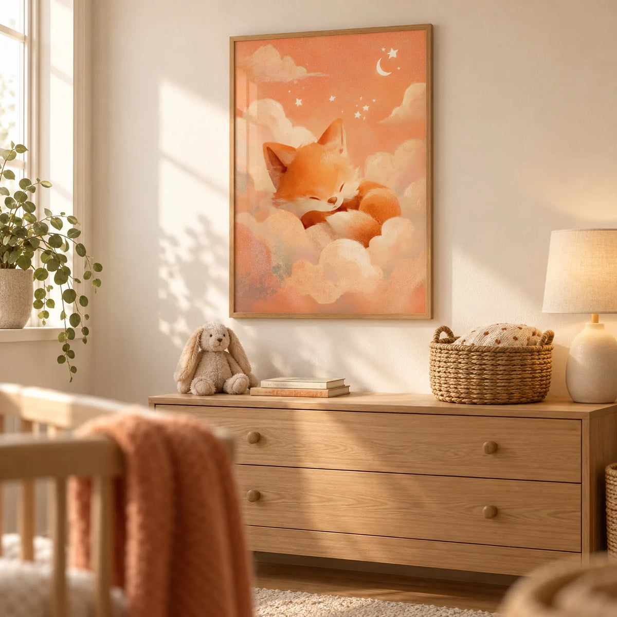 Sleeping Fox Art Print, framed on the wall of a calm nursery with a warm white wall