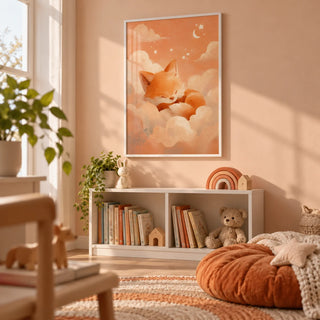 Sleeping Fox Art Print, framed on the wall of a child's reading nook with a pale peach wall